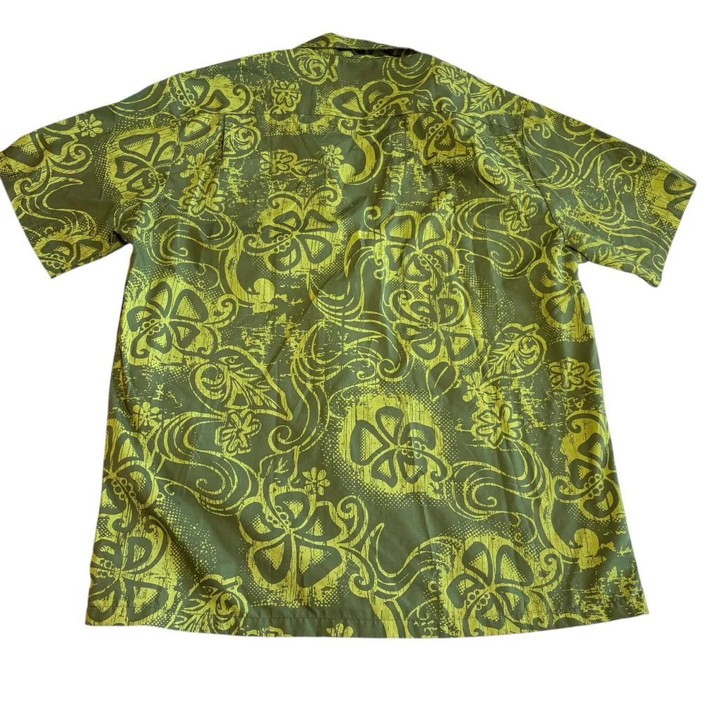 Howie Made in Hawaii Button Front Aloha Shirt XL Green Yellow Floral Tribal